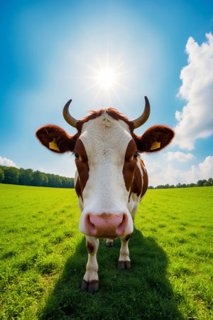 AI Generated. A high angle view of a white and brown cow in a green field under a bright sun creates a serene copy space imageの素材