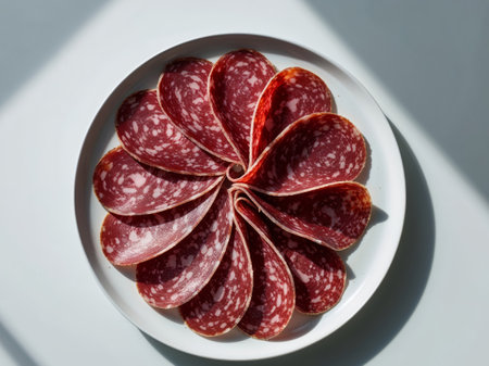 AI Generated. salami slices on a ceramic plate with ample copy spaceの素材