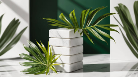 AI Generated. Stack of marble cubes with tropical leaves on dark green backgroundの素材