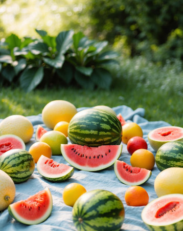 AI Generated. summertime fruit feast with watermelon and colorful melons on a picnic blanketの素材