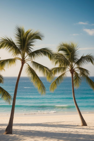 AI Generated. Tropical Beach Paradise with Palm Trees and Ocean Viewの素材