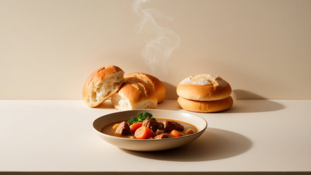 AI Generated. Warm meal with a bowl of stew and bread rolls in the backgroundの素材