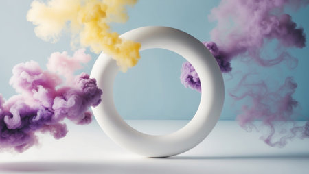 AI Generated. vivid soft purple and yellow smoke clouds encircling white circle on blue backgroundの素材