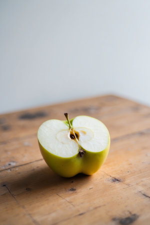 AI Generated. Yellow apple cut in half on wooden surfaceの素材