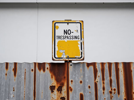 AI Generated. Yellow weathered no sign on rusty metal backgroundの素材