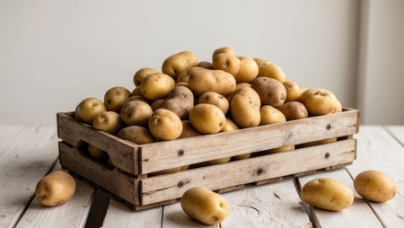 AI Generated. Wooden crate filled with fresh potatoes on rustic wooden surfaceの素材