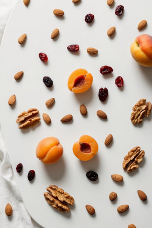 AI Generated. A selection of dried fruit and nuts arranged on a white surfaceの素材