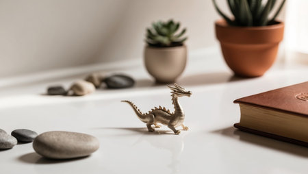 AI Generated. A small dragon figurine surrounded by other decorative itemsの素材