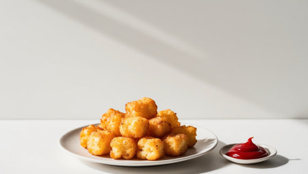 AI Generated. A plate of crispy tater tots served with a side of ketchupの素材