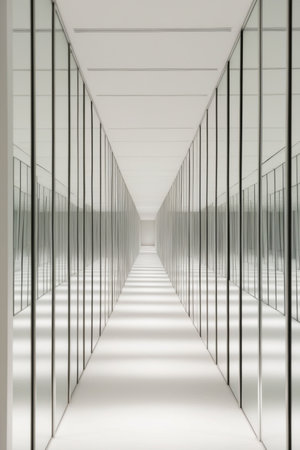 AI Generated. A long corridor lined with numerous mirrorsの素材