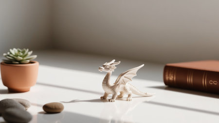 AI Generated. A small dragon figurine surrounded by other decorative itemsの素材