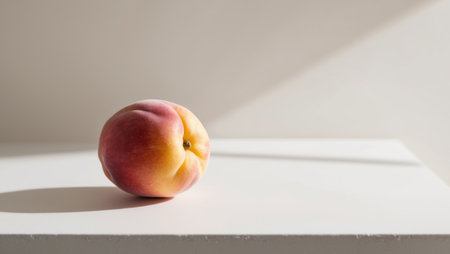 AI Generated. A ripe peach sits alone on a clean white surfaceの素材