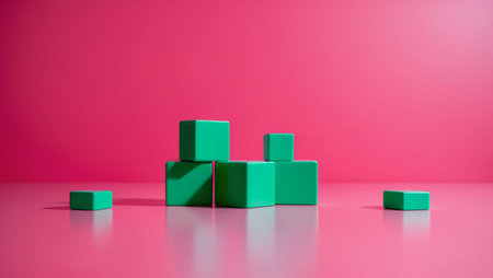 AI Generated. A pile of green cubes sits on a bright pink surfaceの素材