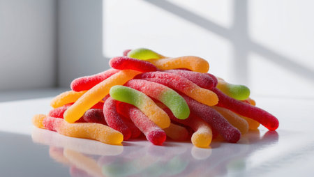AI Generated. A pile of sour gummy worms with vivid colors and sugar coatingの素材