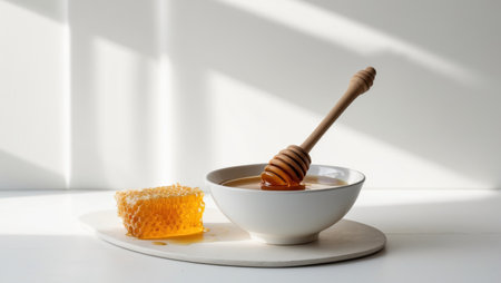 AI Generated. fresh honey in white bowl with honeycomb and wooden dipperの素材