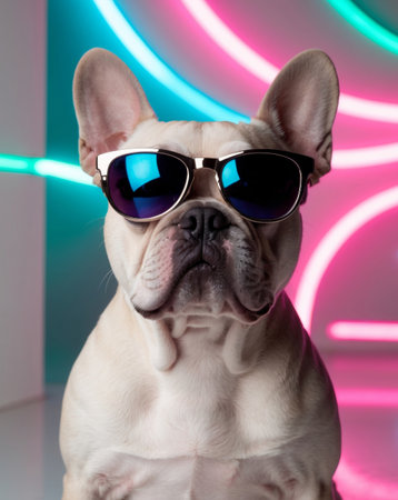 AI Generated. French Bulldog in Sunglasses with Neon Lights Backgroundの素材