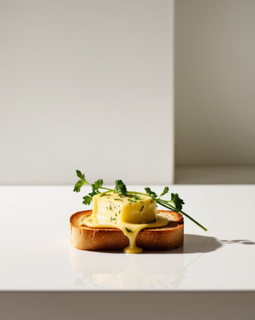 AI Generated. fresh and hot just toasted toast with a melting piece of butter and aromatic herbsの素材
