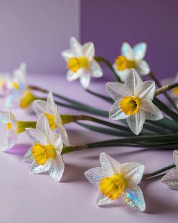 AI Generated. holographic glitter daffodils on pastel purple backgroundの素材