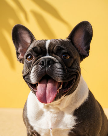 AI Generated. Happy French Bulldog with Tongue Out on Yellow Backgroundの素材