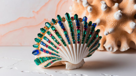 AI Generated. luxurious sea shell embellished with colorful crystals on a coral backgroundの素材