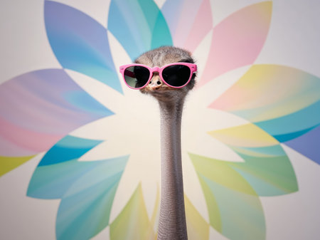 AI Generated. Ostrich with Pink Sunglasses on Colorful Backgroundの素材