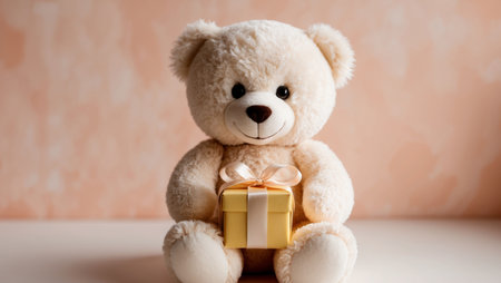 AI Generated. peach pastel of happy teddy bear with yellow gift box on matching backgroundの素材