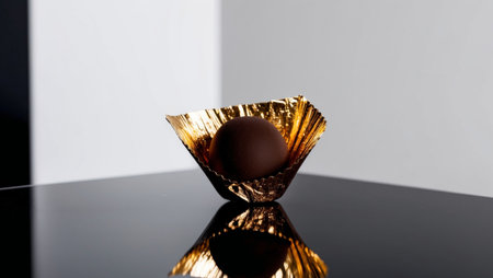 AI Generated. Luxurious dark chocolate truffle in gold foil on a reflective surfaceの素材