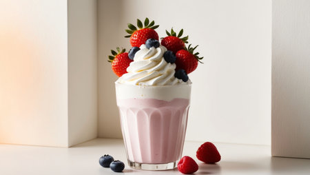 AI Generated. Refreshing strawberry milkshake topped with whipped cream and berriesの素材