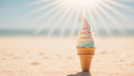 AI Generated. soft serve pastel ice cream cone on sunny beach backgroundの素材