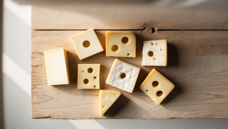 AI Generated. Blocks of cheese with holes arranged on a wooden surfaceの素材