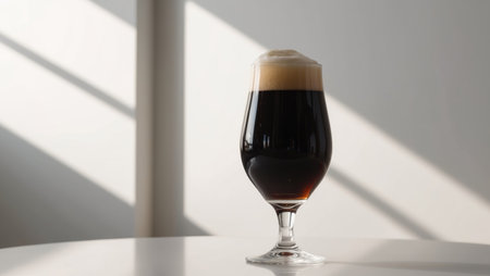 AI Generated. Dark stout beer served in a glass with creamy foam toppingの素材