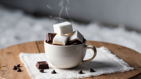AI Generated. Decadent hot chocolate with fluffy marshmallows and chocolate pieces served on a wooden table during winter eveningsの素材