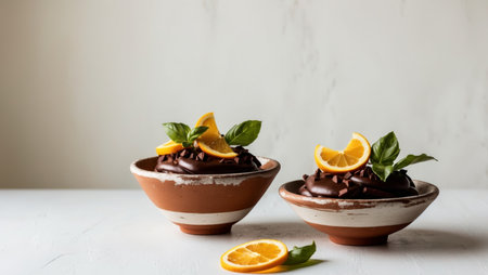 AI Generated. Delicious chocolate dessert with citrus and basil in rustic bowlsの素材