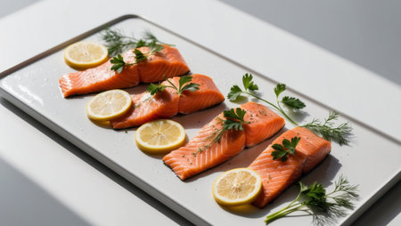 AI Generated. Fresh salmon fillets with lemon slices and herbs on a white surfaceの素材