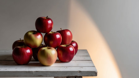 AI Generated. Fresh red apples on a wooden surface with a soft background glowの素材
