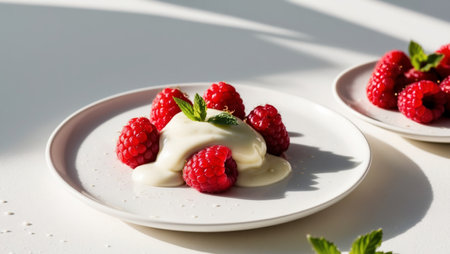 AI Generated. Fresh raspberries topped with creamy sauce on a dessert plateの素材