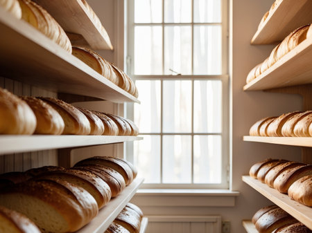 AI Generated. Freshly baked bread on shelves in a bakery during the dayの素材