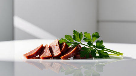 AI Generated. Freshly cut liver pieces with parsley on a clean surfaceの素材