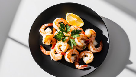 AI Generated. Freshly Cooked Shrimp With Lemon and Parsley on a Black Plateの素材