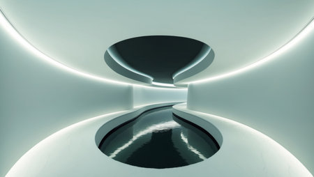 AI Generated. Futuristic curved interior with glowing accents and waterwayの素材