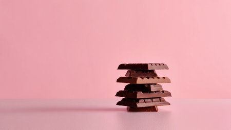 AI Generated. Layers of assorted chocolate bars stacked on a pink backgroundの素材