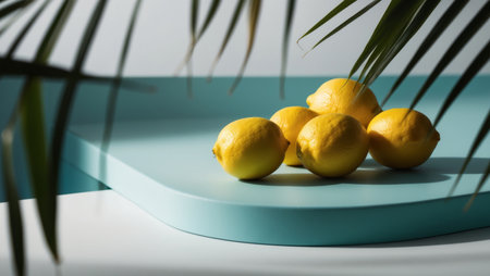 AI Generated. Lemons and Shadow of Palm Leaves on Turquoise Surfaceの素材