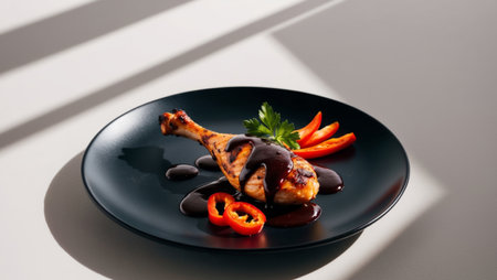AI Generated. Grilled chicken drumsticks garnished with herbs and chili served on a black plate with barbecue sauce and sliced red peppersの素材
