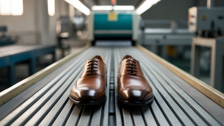 AI Generated. Leather shoes on a conveyor belt in a manufacturing facility during daytimeの素材