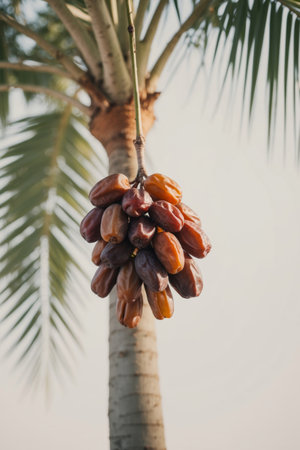 AI Generated. A Cluster of Ripe Dates Hanging from a Palm Treeの素材