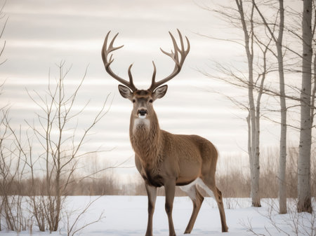 AI Generated. A deer with large antlers stands in the snowの素材