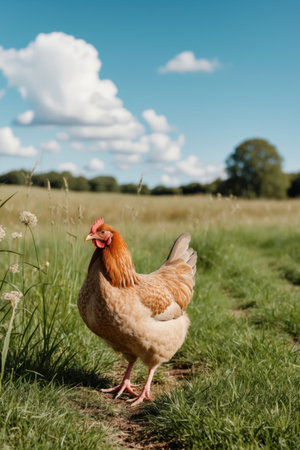 AI Generated. A Curious Hen Surveys the Lush Green Pasture Under the Bright Blue Sky During a Sunny Afternoon in Rural Fieldsの素材
