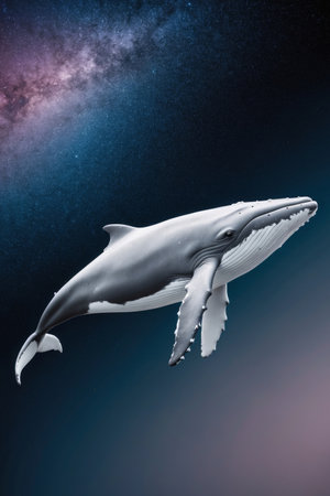 AI Generated. A whale gracefully swimming in a starry galaxy backgroundの素材
