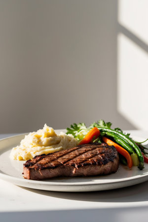 AI Generated. Grilled steak with mashed potatoes and vegetables served on a white plateの素材