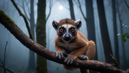 AI Generated. A curious lemur gazes intently from a branch in a dimly lit forest at twilightの素材